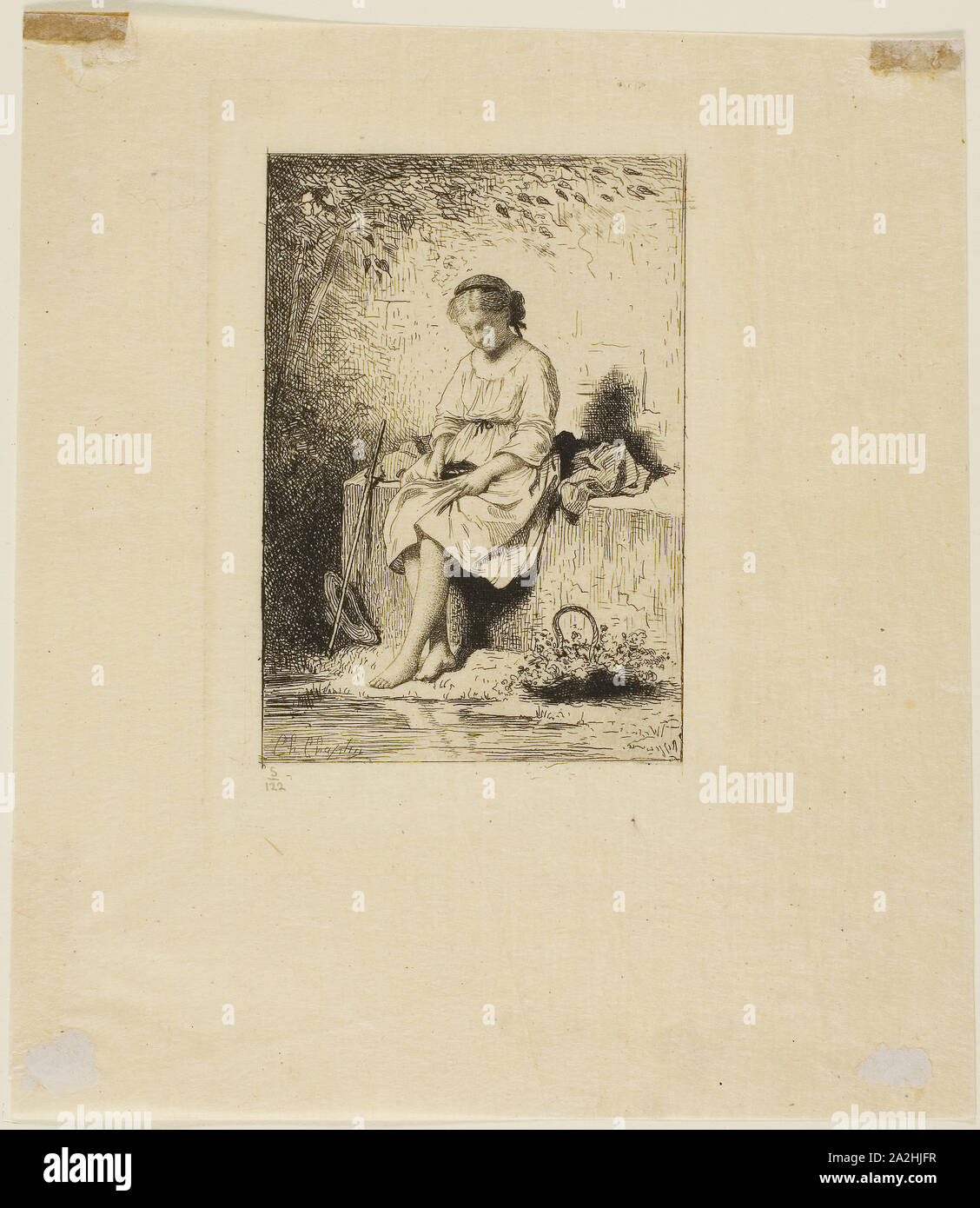 Le Nid d'oiseau et la petite fille, 1874, Charles Chaplin, Français, 1825-1891, France, Eau-forte sur papier Japon crème, 123 × 86 mm (image), 154 × 111 mm (plaque), 222 × 198 mm (feuille Banque D'Images