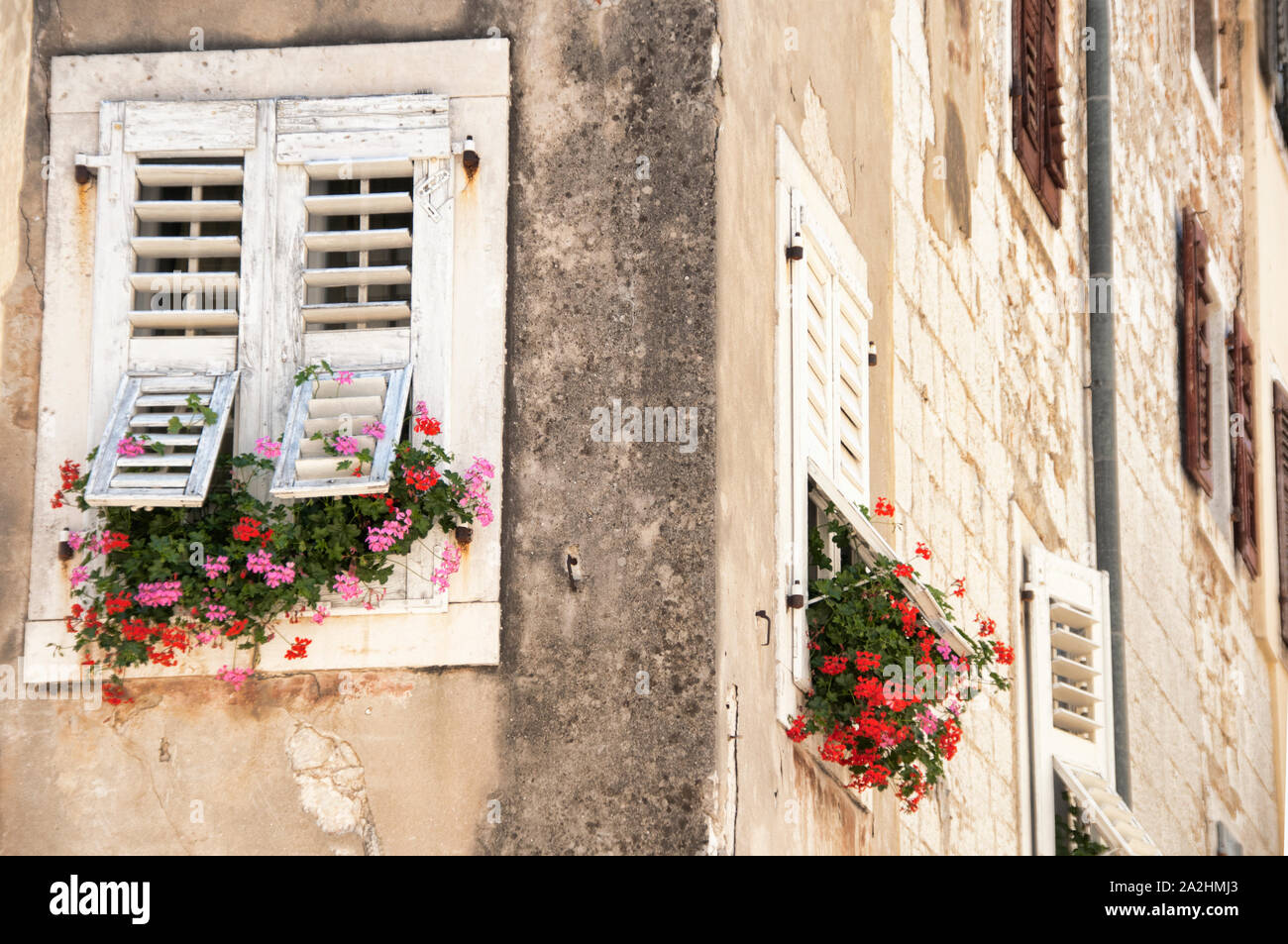Maisons typiques avec des volets en bois avec des fleurs de la Croatie Banque D'Images