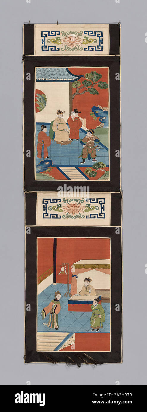 De Bord (pour un écran), de la dynastie Qing (1644-1911), 1875/1900, la Chine, les panneaux : La soie, or-sur-papier-peint enveloppé de soie, tissage de la tapisserie à fente avec trame étendue et trames entrelacées qui décrit, peint, les frontières : la soie et le coton, warp-float face 5:1, armure satin bords intérieur et extérieur : soie flottante face-chaîne, 4:1, armure satin doublure : coton, à armure toile, 92,7 × 26,8 cm (36 1/2 x 10 1/2 po Banque D'Images