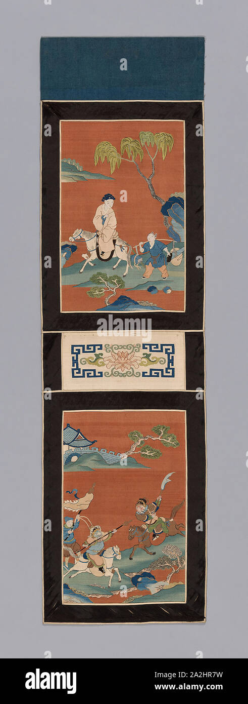 De Bord (pour un écran), de la dynastie Qing (1644-1911), 1875/1900, la Chine, les panneaux : La soie, or-sur-papier-peint enveloppé de soie, tissage de la tapisserie à fente avec trame étendue et trames entrelacées qui décrit, peint, les frontières : la soie et le coton, warp-float face 5:1, armure satin bords intérieur et extérieur : soie flottante face-chaîne, 4:1, armure satin doublure : coton, à armure toile, 95,6 × 26,7 cm (37 1/2 à 5/8 × 10 Banque D'Images
