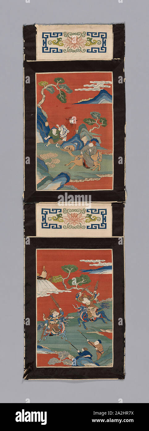 De Bord (pour un écran), de la dynastie Qing (1644-1911), 1875/1900, la Chine, les panneaux : La soie, or-sur-papier-peint enveloppé de soie, tissage de la tapisserie à fente avec trame étendue et trames entrelacées qui décrit, peint, les frontières : la soie et le coton, warp-float face 5:1, armure satin bords intérieur et extérieur : soie flottante face-chaîne, 4:1, armure satin doublure : coton, tissage ordinaire, 93 × 26,7 cm (36 1/2 à 5/8 × 10 Banque D'Images