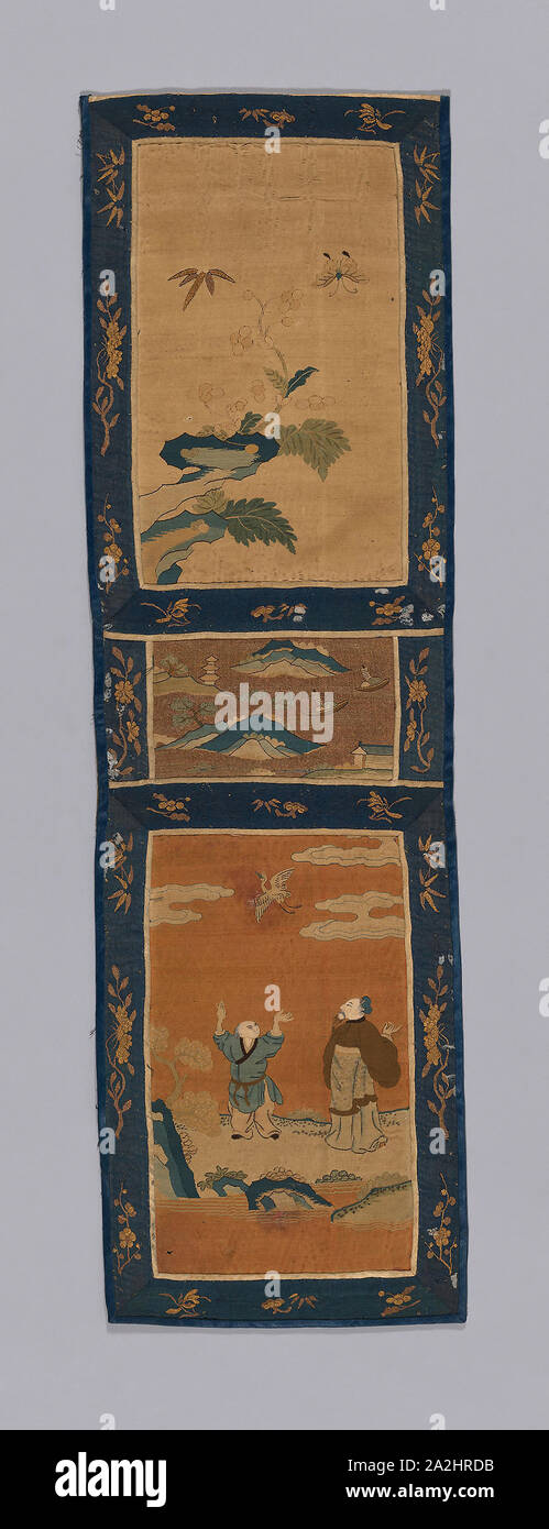 De Bord (pour un écran), de la dynastie Qing (1644-1911), 1875/1900, la Chine, les panneaux : La soie, or-sur-papier-peint-strip-enveloppé de soie, tissage de la tapisserie à fente, peint, frontière : la soie, d'or-sur-papier-peint-strip-enveloppé de soie, tissage de la tapisserie à fente, bordure intérieure : la soie, 4:1-flottement face warp, armure satin bordure extérieure : la soie, 7:1-flottement face warp, armure satin bordée : coton, à armure toile, 78,7 × 23,4 (31 × 9 1/4 in Banque D'Images