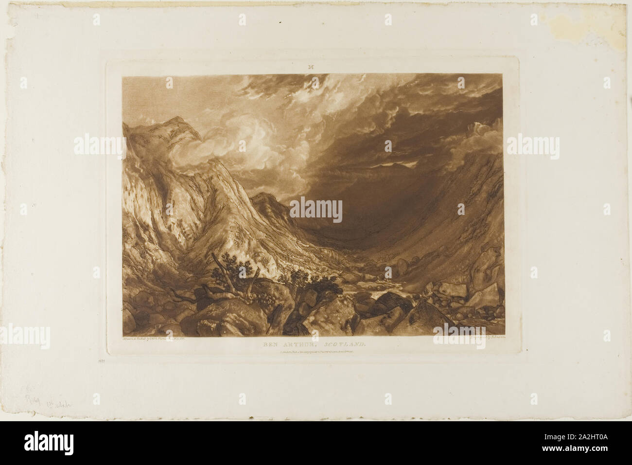 Ben Arthur, la plaque 69 de Liber Studiorum, publié le 1er janvier 1819, Joseph Mallord William Turner (anglais, 1775-1851), gravé par T. Lupton, Angleterre, la gravure en brun sur papier vélin ivoire, 183 × 263 mm (image), 208 × 290 mm (plaque), 288,5 × 440,5 mm (feuille Banque D'Images