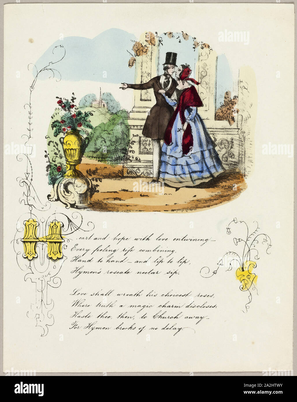 Cœur et l'espoir avec l'amour Entwining (valentine), ch. 1842, Artiste Inconnu, Français, 19e siècle, l'Angleterre, lithographie à part-coloration sur vélin ivoire, 233 × 185 mm (feuille pliée Banque D'Images