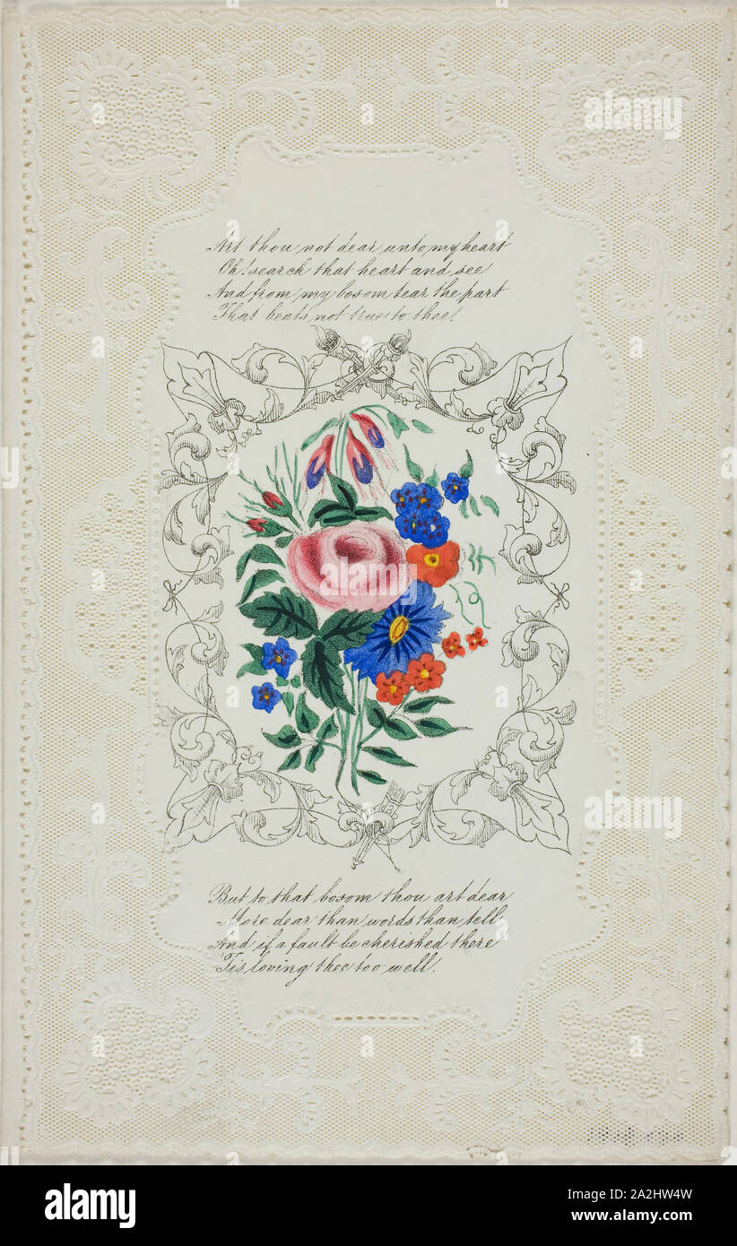 Es-tu pas chers à mon coeur (valentine), ch. 1850, Artiste Inconnu, Français, 19e siècle, l'Angleterre, lithographie à part-Coloration et coupe sur papier vélin ivoire gaufré (dentelle), 195 × 124 mm (feuille pliée Banque D'Images