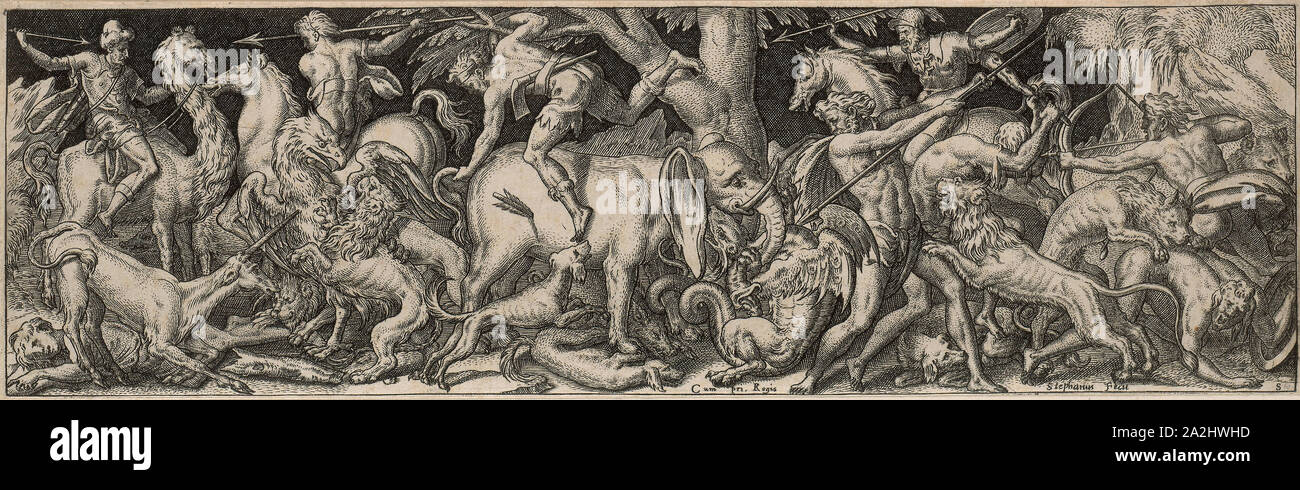 Lutter contre des hommes et des animaux, 1550/1572, Etienne Delaune, Français, ch. 1519-1583, la France, gravure sur papier, 68 × 220 mm Banque D'Images