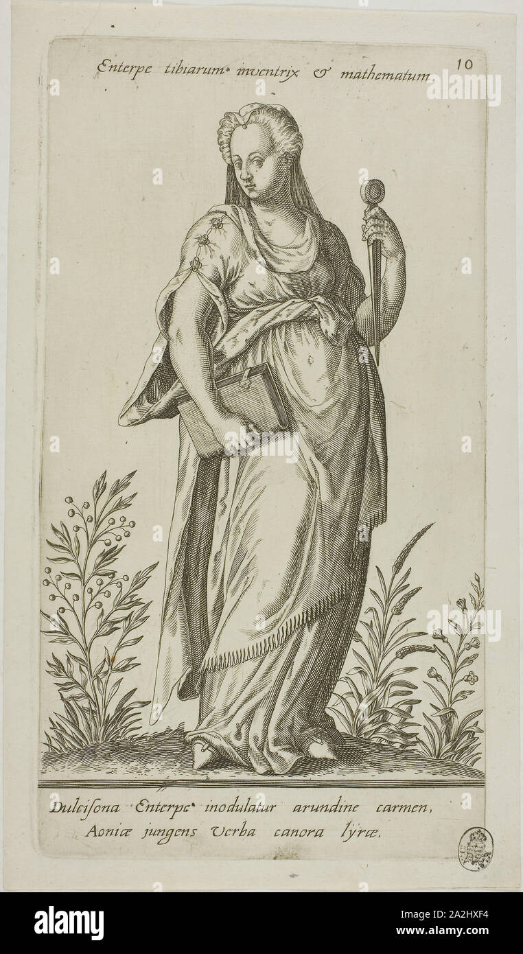 Enterpe, muse de la musique, de la plaque 10 de Parnassus biceps, 1601, Johann Theodor de Bry (allemand, 1561-1623), ou Robert Boissard (français), ch. 1570-après 1597), après Jean-Jacques Boissard (Français, 1533-1598), Francfort-sur-Oder, gravure en noir sur papier vergé ivoire, 237 × 141 mm (image), 260 × 143 mm (plaque), 280 × 163 mm (feuille Banque D'Images