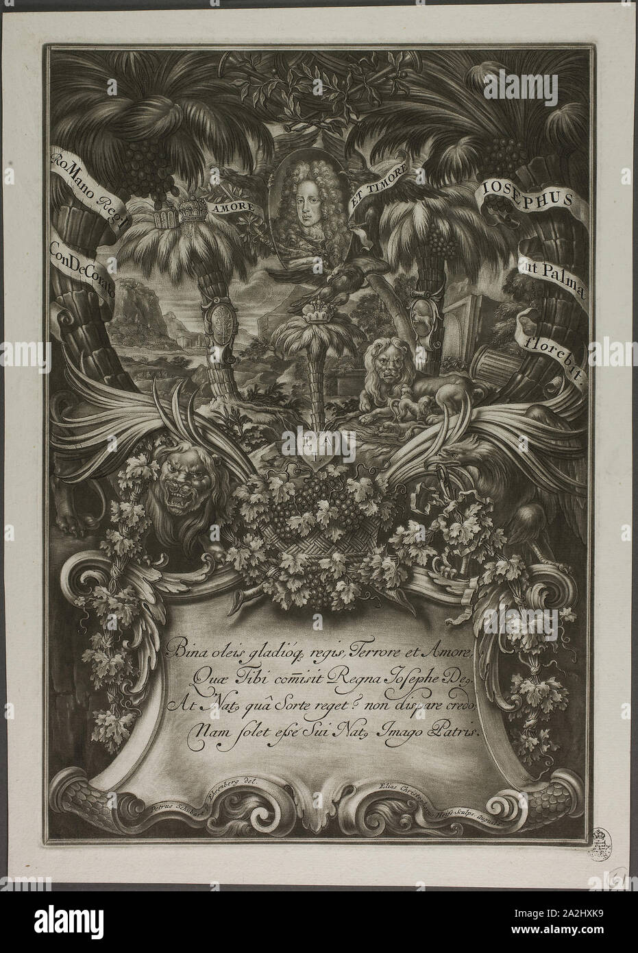 Portrait de Joseph I, 1701, Christoph Elias Heiss, allemand, 1660-1731, l'Allemagne, manière noire sur papier vergé ivoire, 340 × 235 mm (plaque), 372 × 265 mm (feuille Banque D'Images