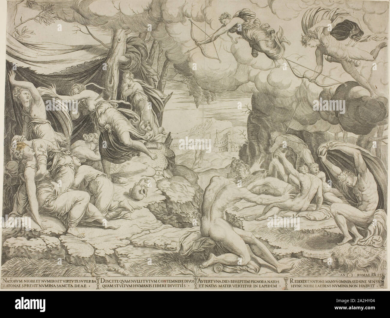 La mort des enfants de Niobé, 1541, École de Marcantonio Raimondi, Italien, ch. 1480-1534, l'Italie, gravure en noir sur papier, 332 x 445 mm (feuille Banque D'Images