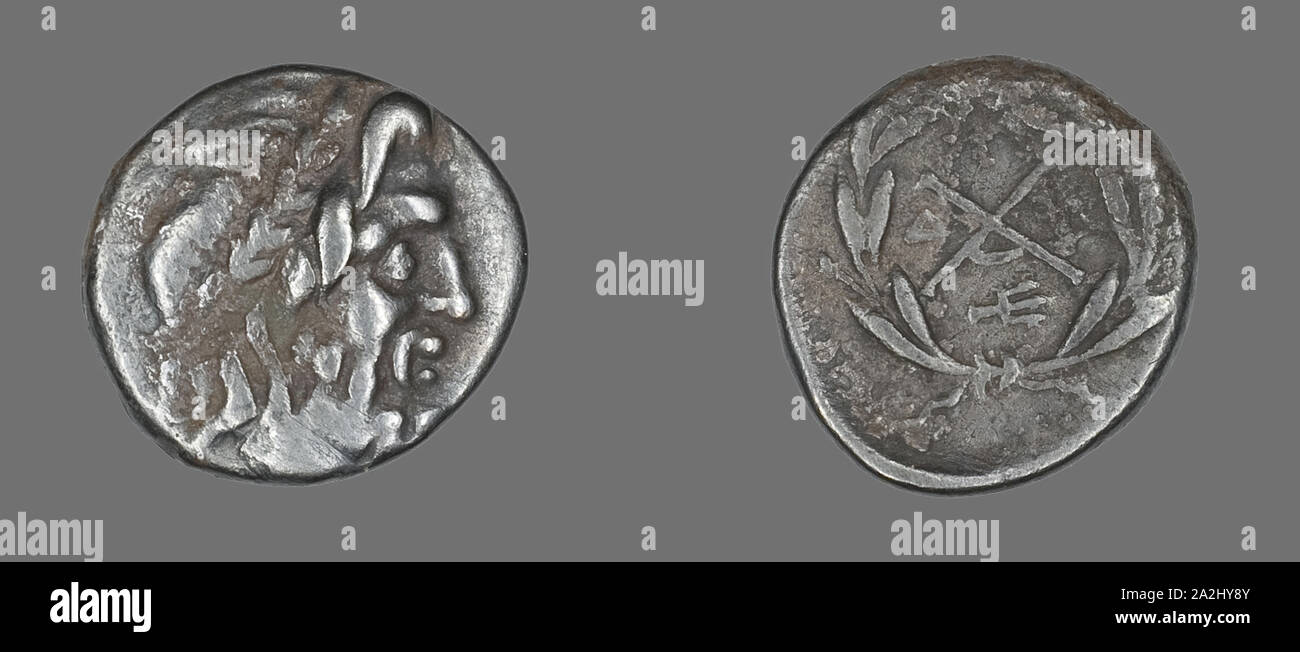 Hemidrachm (Coin) représentant le dieu Zeus Amarios, 222/146 BC, Grec, frappées en Mantineia, Mantíneia, argent, diam. 1,6 cm, 2,42 g Banque D'Images