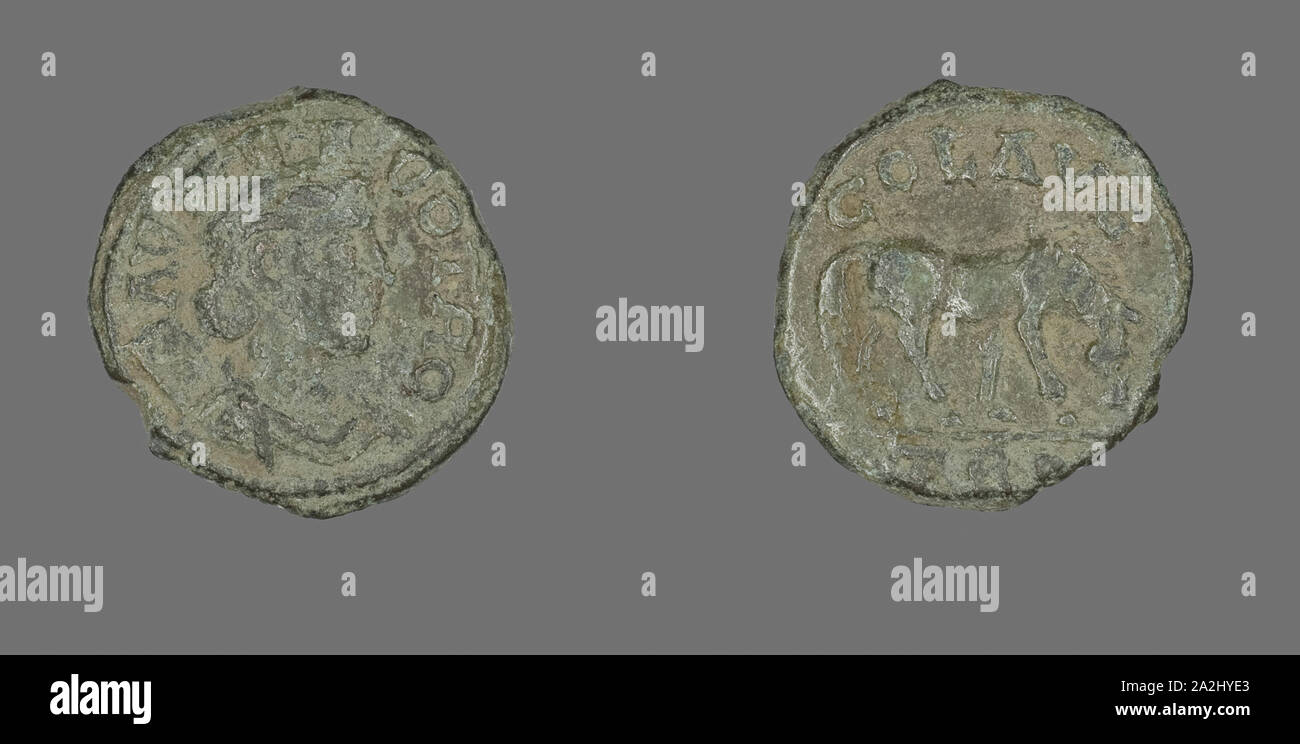 Coin représentant Tyché, AD 211/268, Romain, Empire romain, Bronze, diam. 2,1 cm, 5,10 g Banque D'Images