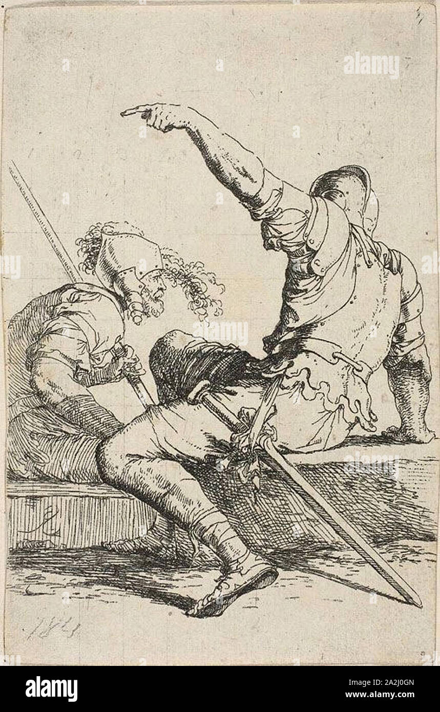 Deux Guerriers assis sur des roches de faible, n.d., Salvator Rosa, italien, 1615-1673, l'Italie, l'eau-forte sur papier vergé ivoire, 107 x 90 mm (image/feuille Banque D'Images