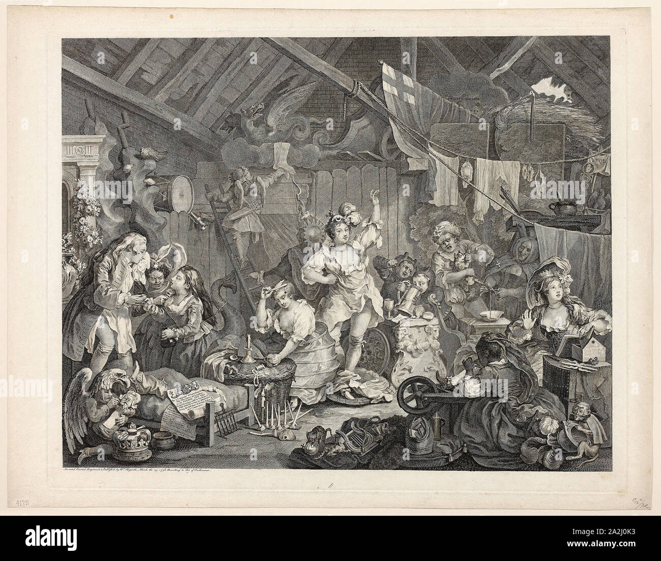 Actrices flânant dans une grange, la vinaigrette peut 1738, William Hogarth, anglais, 1697-1764, Angleterre, gravure en noir sur papier vergé ivoire, 423 × 538 mm (image), 450 × 561 mm (plaque), 493 × 628 mm (feuille Banque D'Images