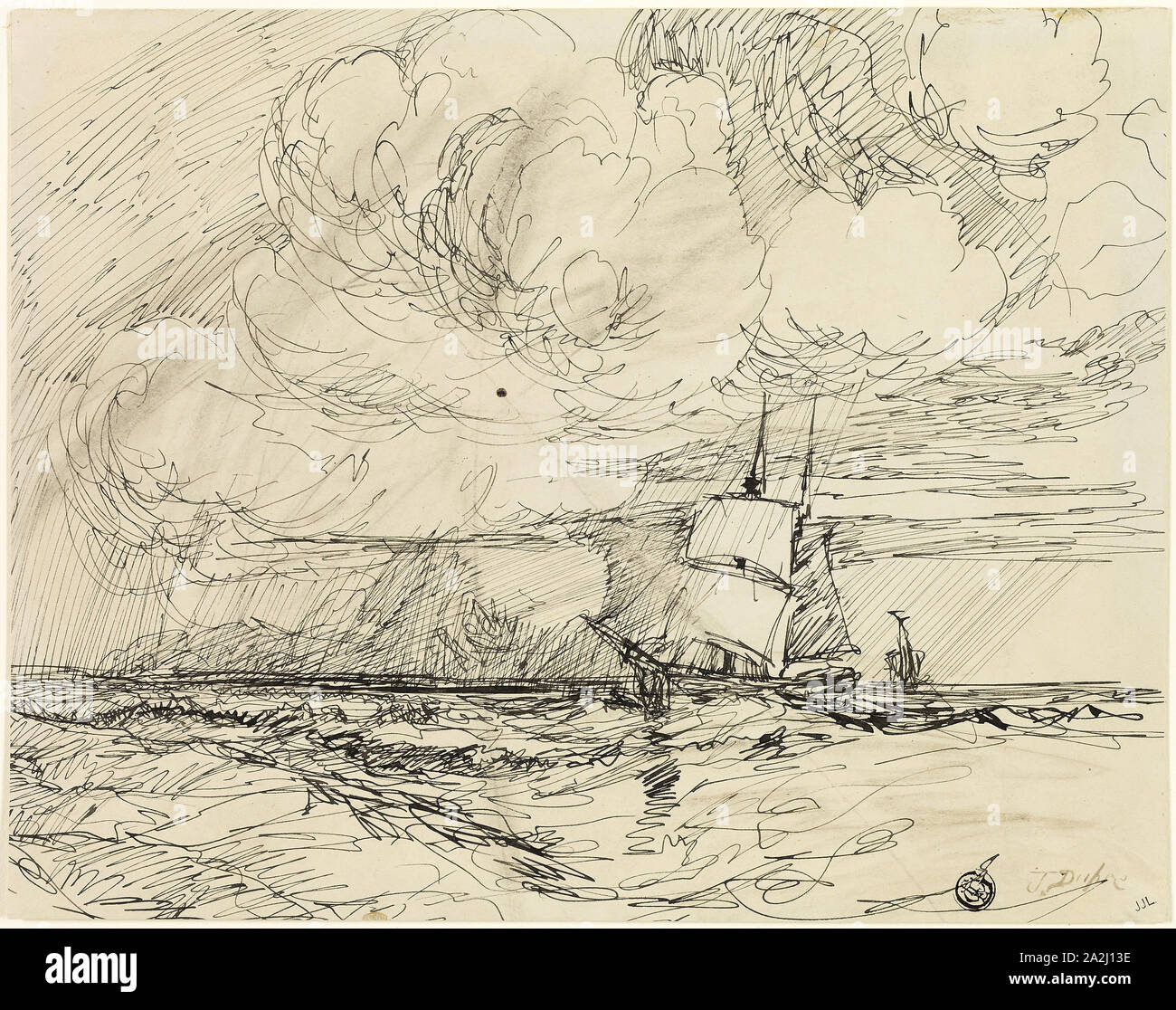 Les navires en mer pendant une tempête, 1830/49, Jules DUPRÉ (Français, 1811-1889), ou peut-être James McNeill Whistler (Américain, 1834-1903), France, plume et encre noire, avec du graphite, sur papier vélin ivoire, 219 × 277 mm Banque D'Images