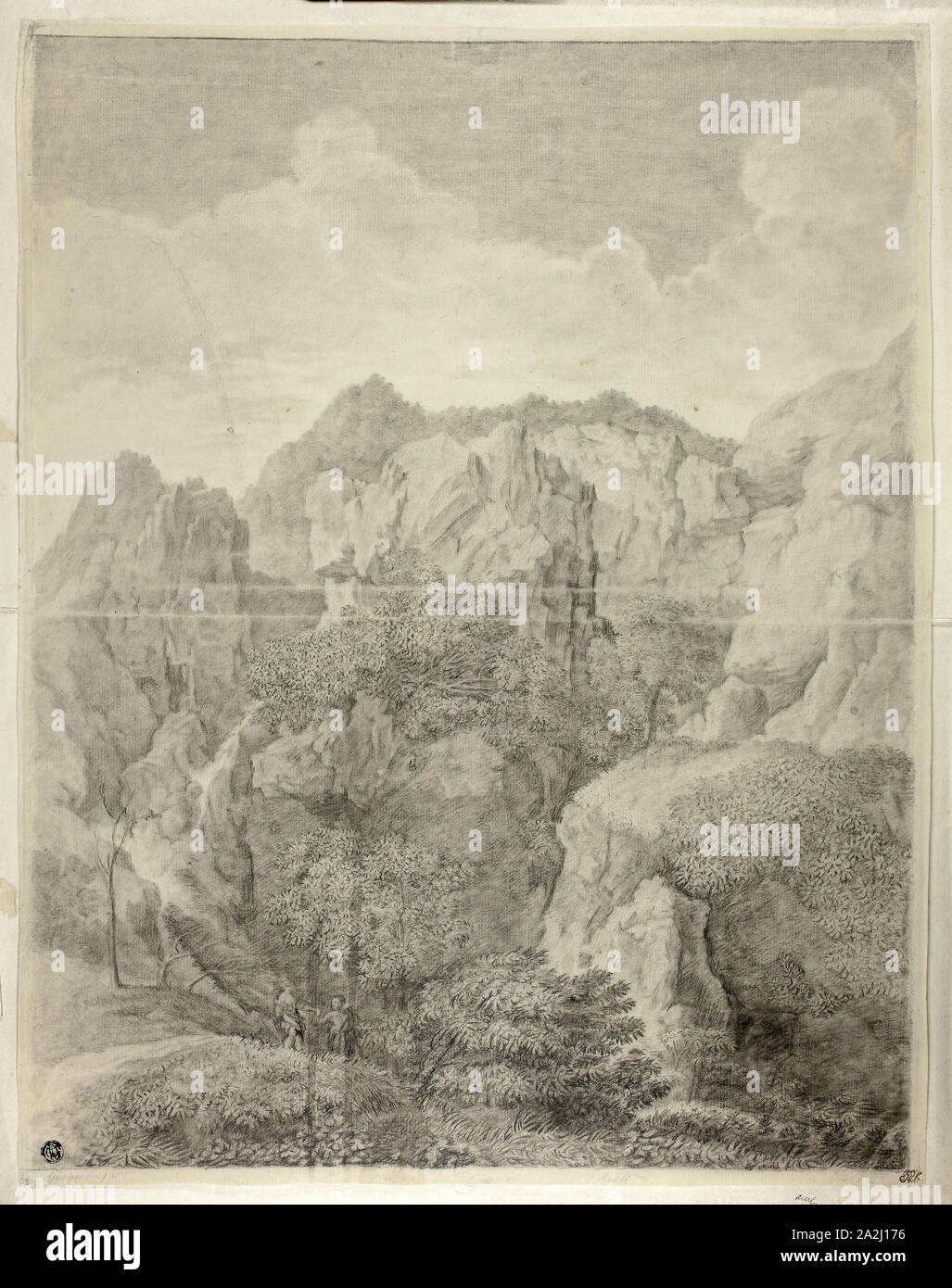 Paysage de montagne avec deux figures en premier plan, n.d., après Pierre Subleyras, Français, 1615-1675, France, crayon noir avec craie noire sur papier vergé ivoire, sur papier vergé ivoire, 532 × 416 mm Banque D'Images