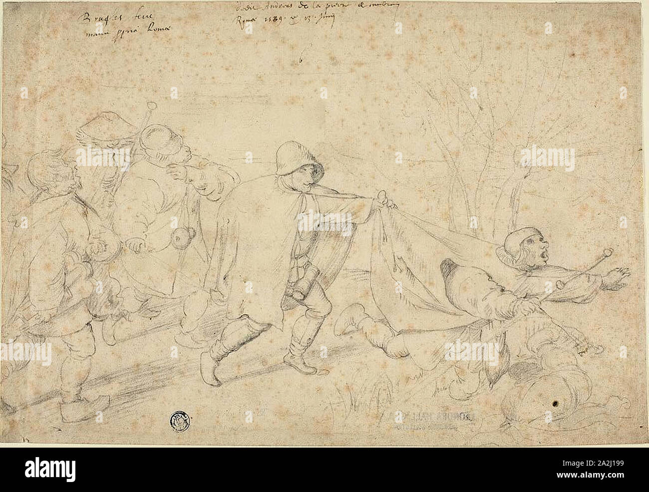 La parabole de l'Aveugle, 1589, Andreas de la Prieur de Cambray (flamande, 1567-1599), après Pieter Bruegel, l'ancien (flamand/Russisch, 1525/30-1569), ou après Marten van Cleve, l'ancien (1527-1581), Russisch, Pays-Bas, craie noire sur papier vergé chamois, 218 x 318 mm Banque D'Images
