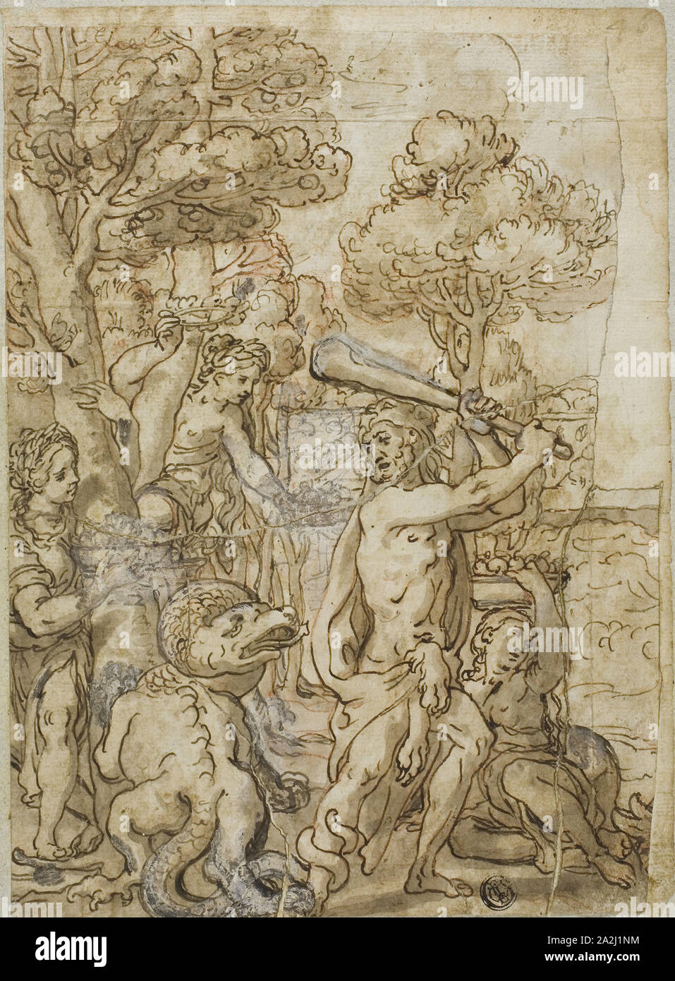 Hercule terrassant le serpent Ladon dans le jardin des Hespérides, n.d., Andrea Lilio (italien, 1555-1642), ou Lazzaro Tavarone (italien, 1556-1641), ou le style de Pietro da Cortona (italien, 1596-1669), l'Italie, plume et encre brune avec pinceau et lavis, avec le blanc de plomb (décolorée), plus de craie rouge, sur papier vergé ivoire, fixées sur papier vergé ivoire, fixées sur papier vergé bleu, 246 x 180 mm Banque D'Images