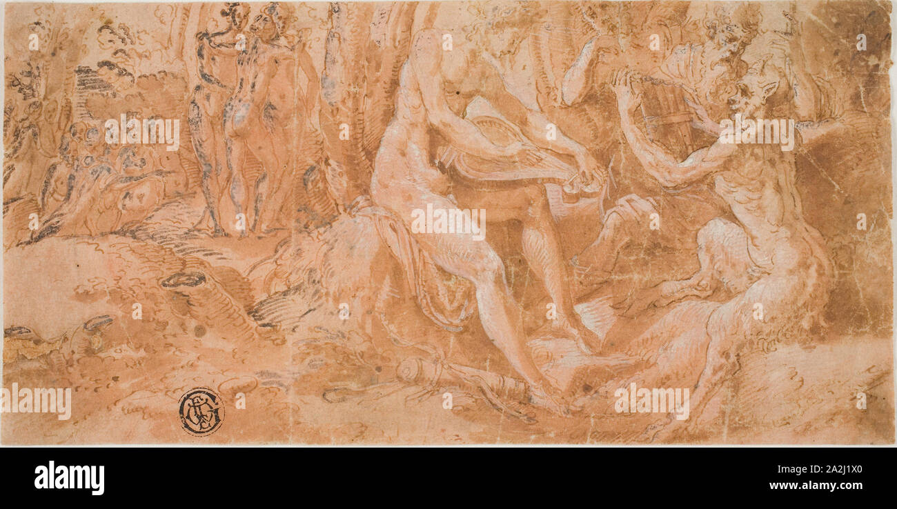 Le jugement de Midas : Apollon et Pan, s.d., cercle de Jacopo Zanguidi, appelé Bertoia, italien, 1544-1573/74, l'Italie, plume et encre brune, pinceau et lavis et, avec lavage opaque rosâtre, avec le blanc de plomb (partiellement oxydés), sur papier vergé crème, verso frotté avec de la craie rouge, 93 x 187 mm Banque D'Images