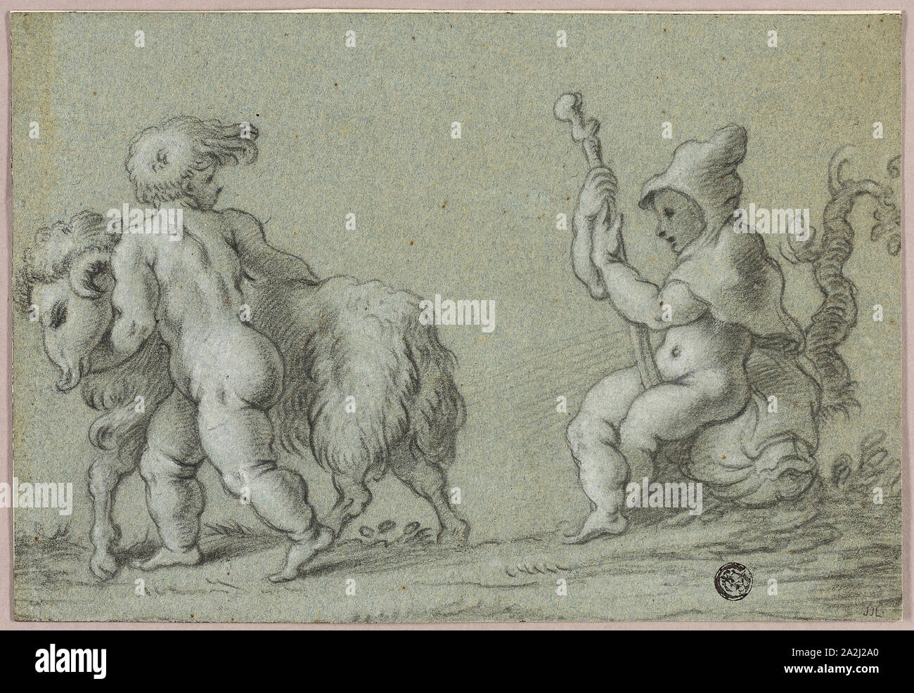 Putti comme chevriers, n.d., artiste inconnu, probablement flamand, 18e siècle, la Flandre, noir et craie blanche sur papier bleu, fixées sur papier vergé ivoire, 164 × 240 mm Banque D'Images Putti comme chevriers, n.d., artiste inconnu, probablement flamand, 18e siècle, la Flandre, noir et craie blanche sur papier bleu, fixées sur papier vergé ivoire, 164 × 240 mm Banque D'Images