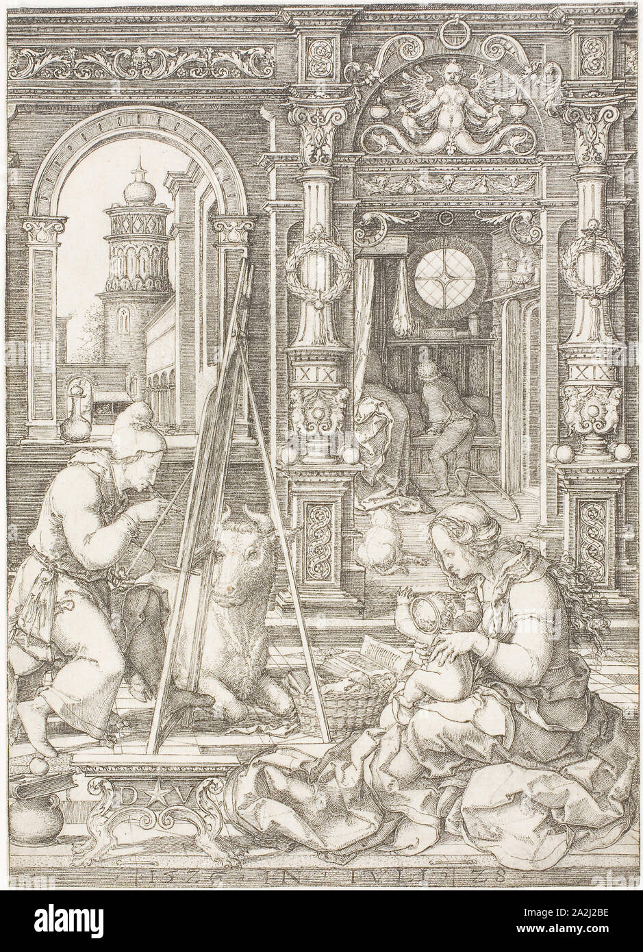 Saint Luc peignant la Vierge et l'enfant, 1526, Dirk Vellert, Russisch, 1480-1547, Pays-Bas, gravure sur papier, 170 x 121 mm Banque D'Images