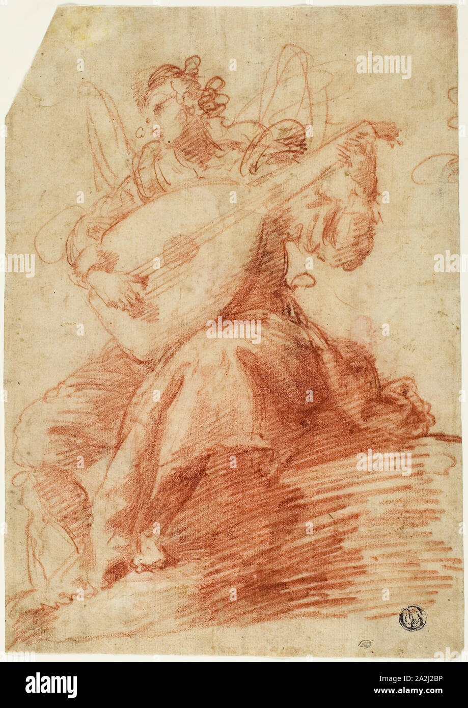 Ange jouant d'un luth, s.d., attribué à Jacopo Confortini (italien, 1602-1672), ou peut-être Giovanni Bilivert (Antonio), Italien (1585-1644), ou peut-être Giovanni Mannozzi (italien, 1592-1636), l'Italie, craie rouge, sur papier vergé chamois, fixées sur papier vélin ivoire, 244 × 171 mm Banque D'Images