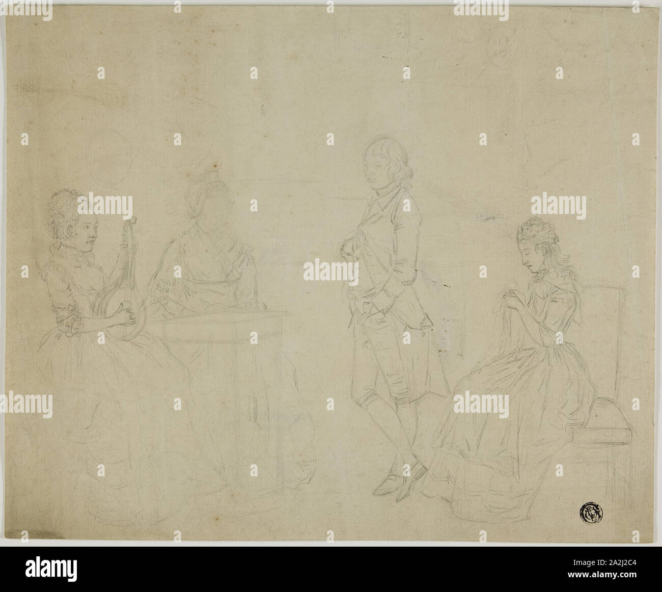 Profil de la famille avec trois femmes et jeune homme assis debout, 18e siècle, l'artiste allemand inconnu, ou peut-être Johann Friedrich August Tischbein (allemand, 1750-1812), l'Allemagne, graphite sur papier vergé crème, 246 × 301 mm Banque D'Images