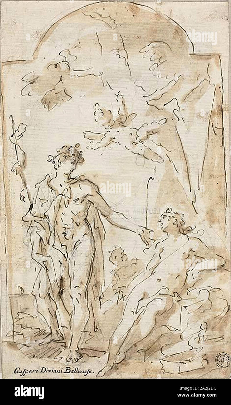 Bacchus et Ariane, n.d., Francesco Fontebasso, italien, 1689-1767, l'Italie, plume et encre brune, à l'aide d'un pinceau et lavis, sur graphite, sur papier vergé ivoire, 253 x 153 mm Banque D'Images