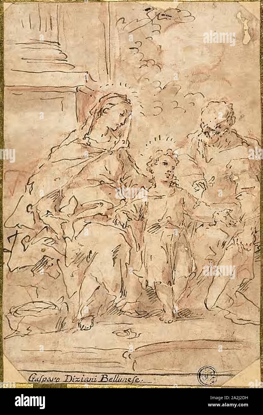 Sainte Famille, s.d., Francesco Fontebasso, italien, 1689-1767, l'Italie, plume et encre brune, pinceau et lavis avec, plus de craie rouge, sur papier vergé ivoire, fixées sur la carte, 197 crème portées x 132 mm Banque D'Images