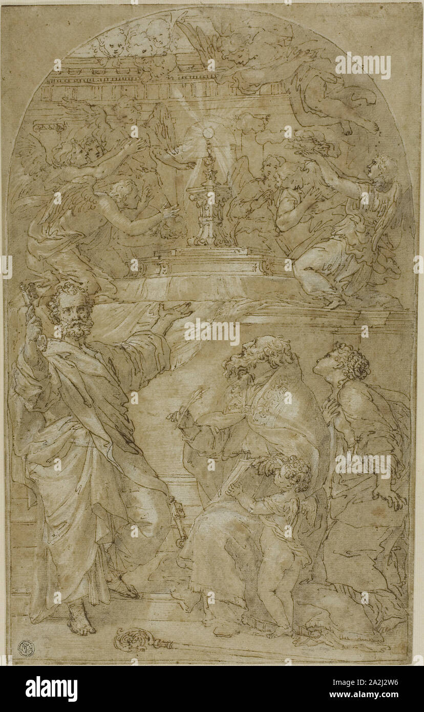 Saint Pierre, Saint Augustin et une femelle Saint dans l'Adoration de l'Eucharistie, n.d., artiste inconnu, Italien, 17e siècle, l'Italie, plume et encre brune, à l'aide d'un pinceau et lavis, rehaussée de gouache blanche, plus de craie noire, sur papier vergé gris bleu, fixées sur papier vergé crème, 402 x 255 mm Banque D'Images