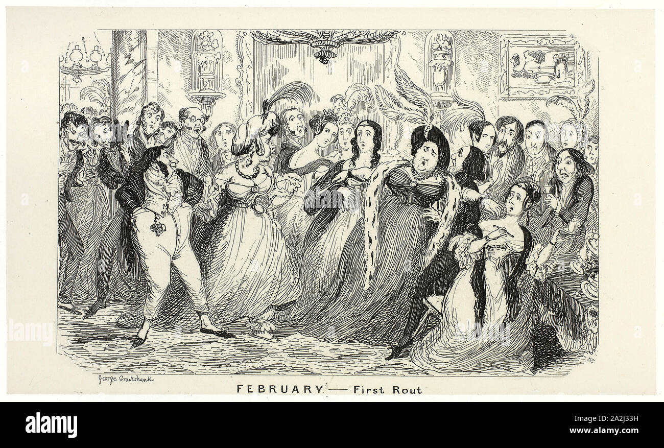 Février, Première déroute de George Cruikshank gravures acier à la bande dessinée : Almanacks 1835-1853, 1840, imprimé c. 1880, George Cruikshank (anglais, 1792 à 1878), publié par Pickering & Chatto (anglais, 19ème siècle), l'Angleterre, l'acier en noir sur fond crème, papier indien, prévue sur off-white card (Chine collé), 93 × 155 mm (support principal), 223 × 284 mm (support secondaire Banque D'Images