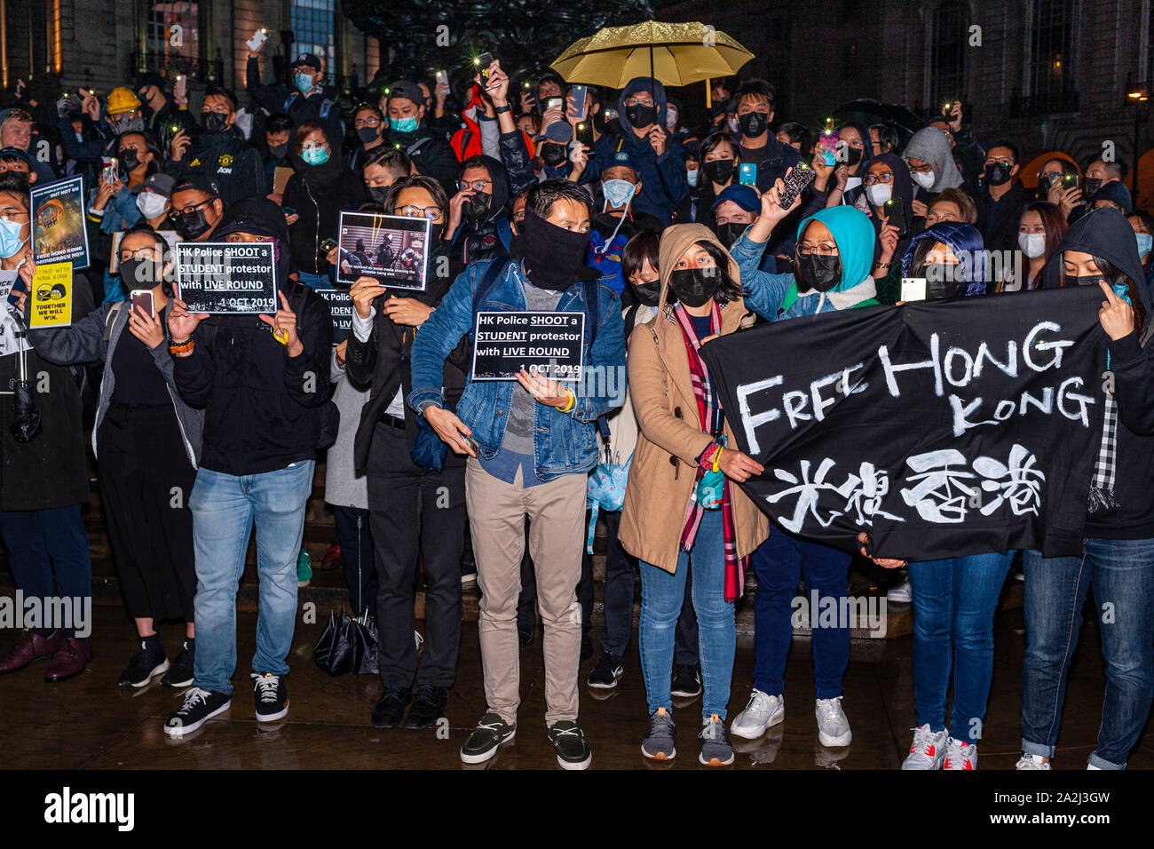 Hong Kong libre manifestation étudiante, Piccadilly Circus, Londres, 1er octobre 2019 Banque D'Images