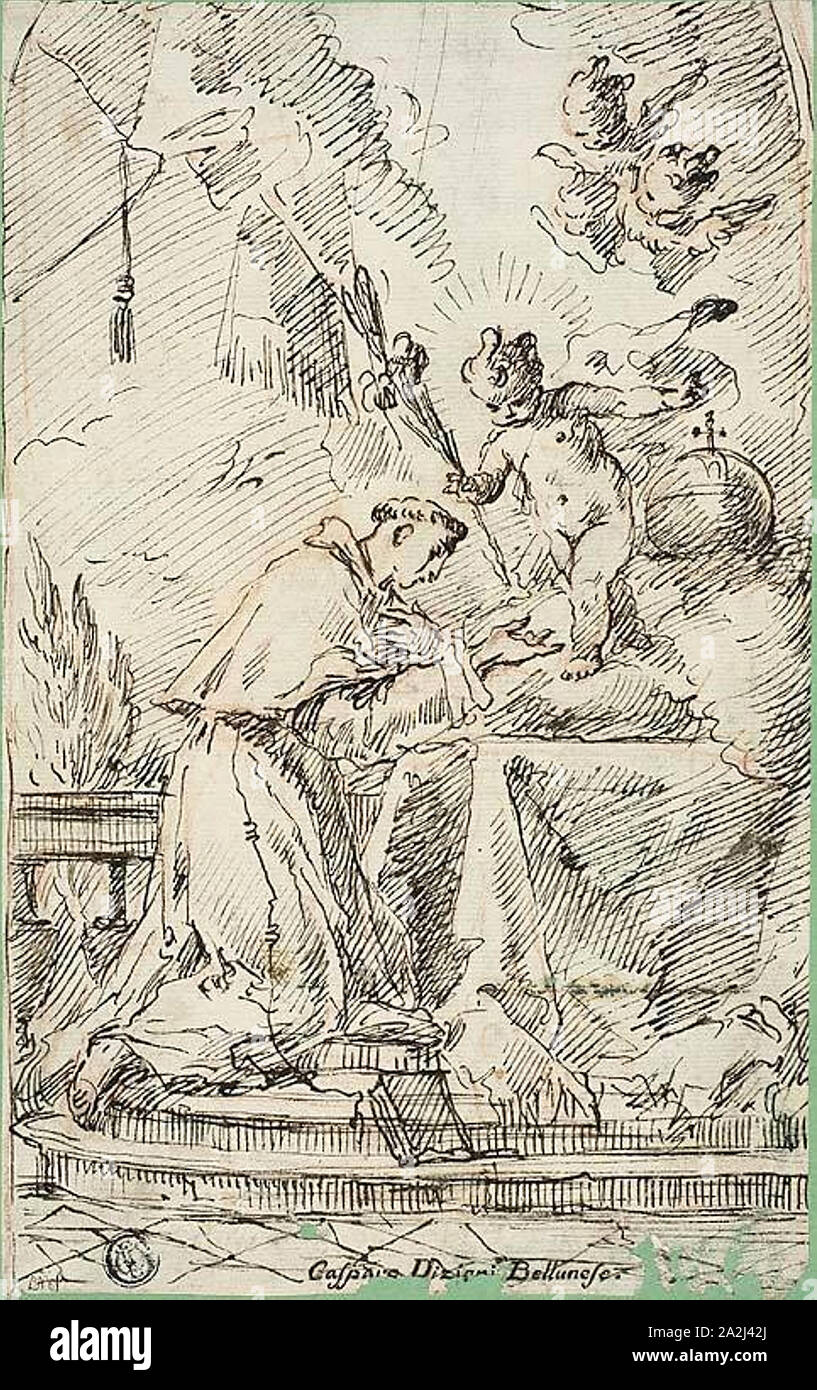 Saint Antoine de Padoue et l'Enfant Jésus, n.d., Francesco Fontebasso, italien, 1689-1767, l'Italie, plume et encre brune sur craie rouge, sur papier vergé ivoire, fixées sur papier vélin vert, 235 x 147 mm Banque D'Images
