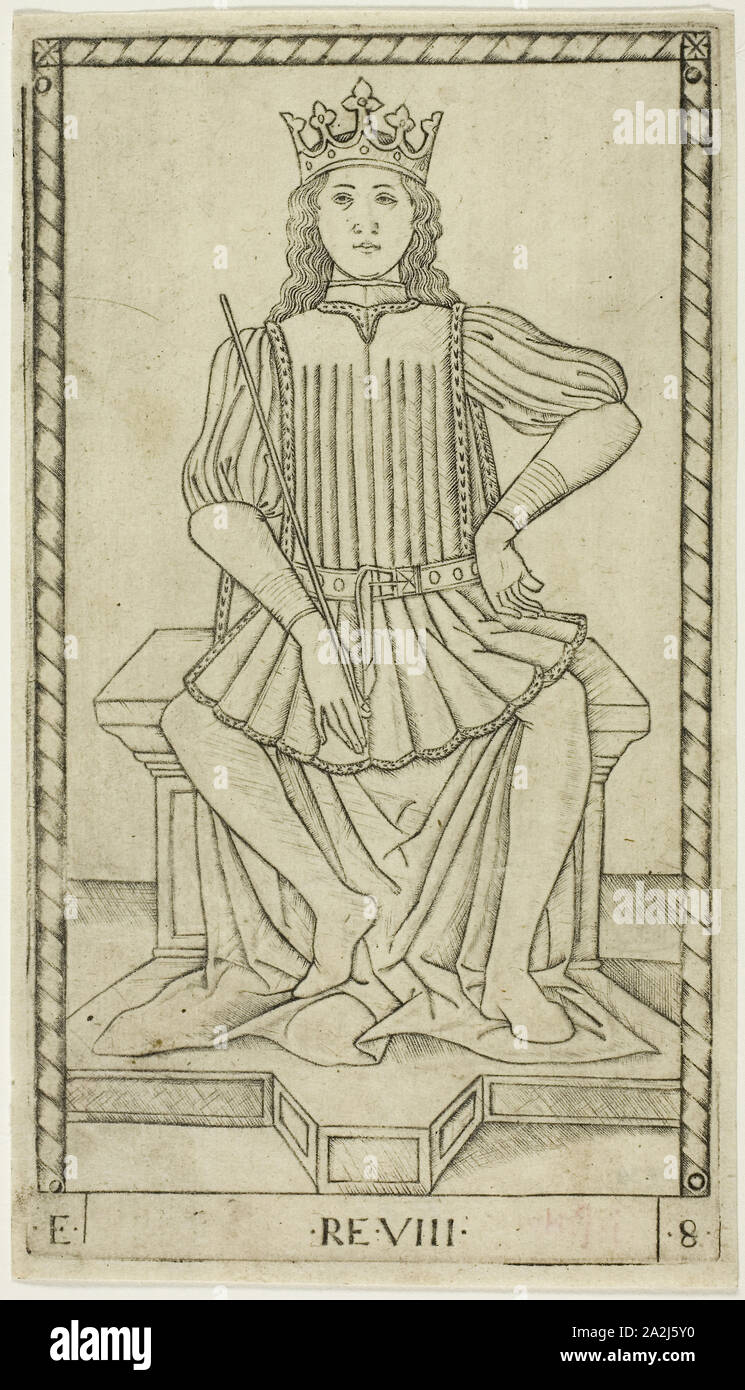 Le Roi, 8 plaque des rangs et la situation des hommes, ch. 1465, Maître de l'E-Series Tarocchi, Italien, actif c. 1465, l'Italie, gravure sur papier, 178 x 101 mm (plaque), 183 x 105 mm (feuille Banque D'Images