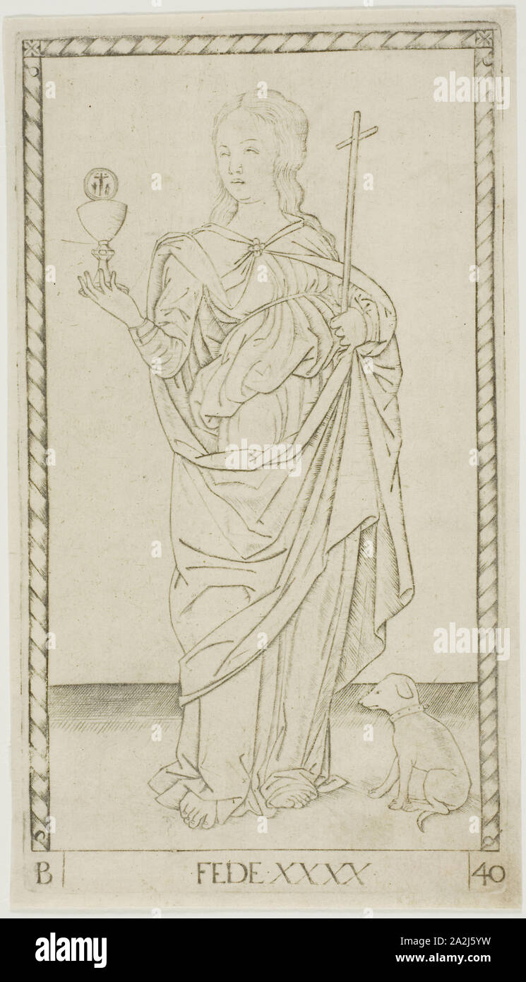 Plaque de foi 40 Génies et les vertus, ch. 1465, Maître de l'E-Series Tarocchi, Italien, actif c. 1465, l'Italie, gravure sur papier, 186 x 106 mm (feuille), 180 x 100 mm (plaque Banque D'Images