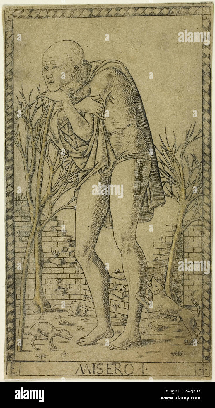 Le mendiant, une plaque du rang et la situation des hommes, ch. 1465, Maître de l'E-Series Tarocchi, Italien, actif c. 1465, l'Italie, gravure sur papier, 180 x 100 mm Banque D'Images