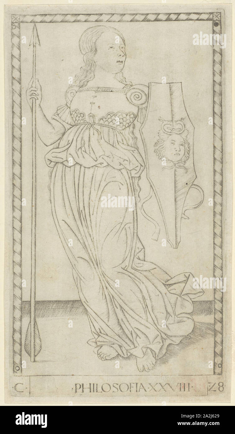 La philosophie, à partir de la plaque 28 Arts et Sciences, c. 1465, Maître de l'E-Series Tarocchi, Italien, actif c. 1465, l'Italie, gravure en noir sur papier vergé ivoire, 179 x 100 mm (plaque), 185 x 105 mm (feuille Banque D'Images