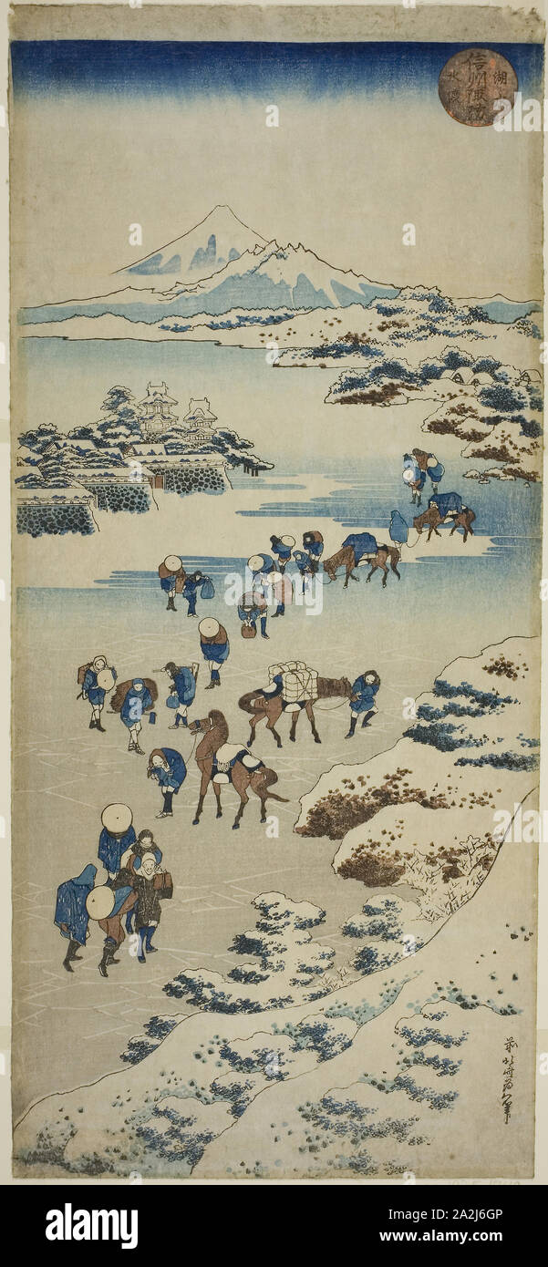 Traverser le lac Suwa congelé dans la province de Shinano (Shinshu Suwa kosui watari kori), ch. 1833/34, Katsushika Hokusai 葛飾 北斎, Japonais, 1760-1849, le Japon, la couleur d'impression sur bois, nagaban vertical, 20 x 9 5/8 po 1/8 po Banque D'Images