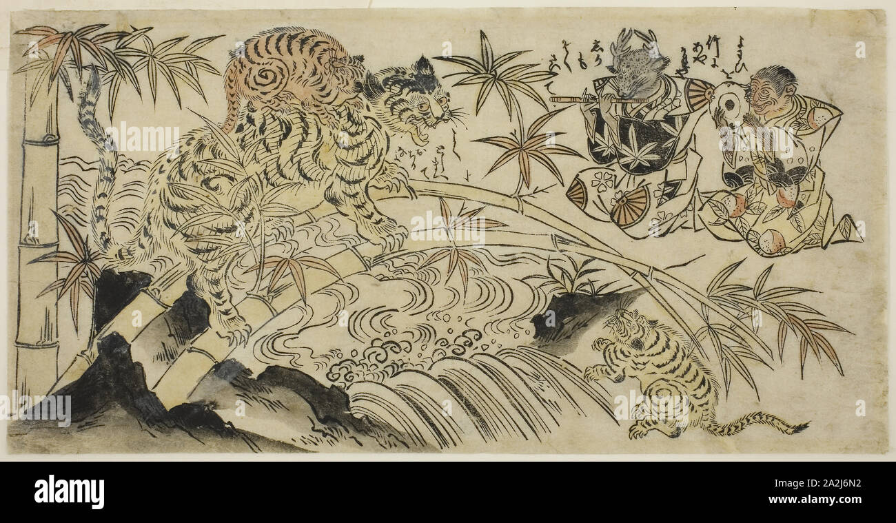 La mauvaise Tiger Cub, ch. 1730, le japonais, le 18ème siècle, le Japon, à la main, gravure sur bois, hosoban yoko-e, l'urushi-e, 6 1/4 x 12 1/4 in Banque D'Images