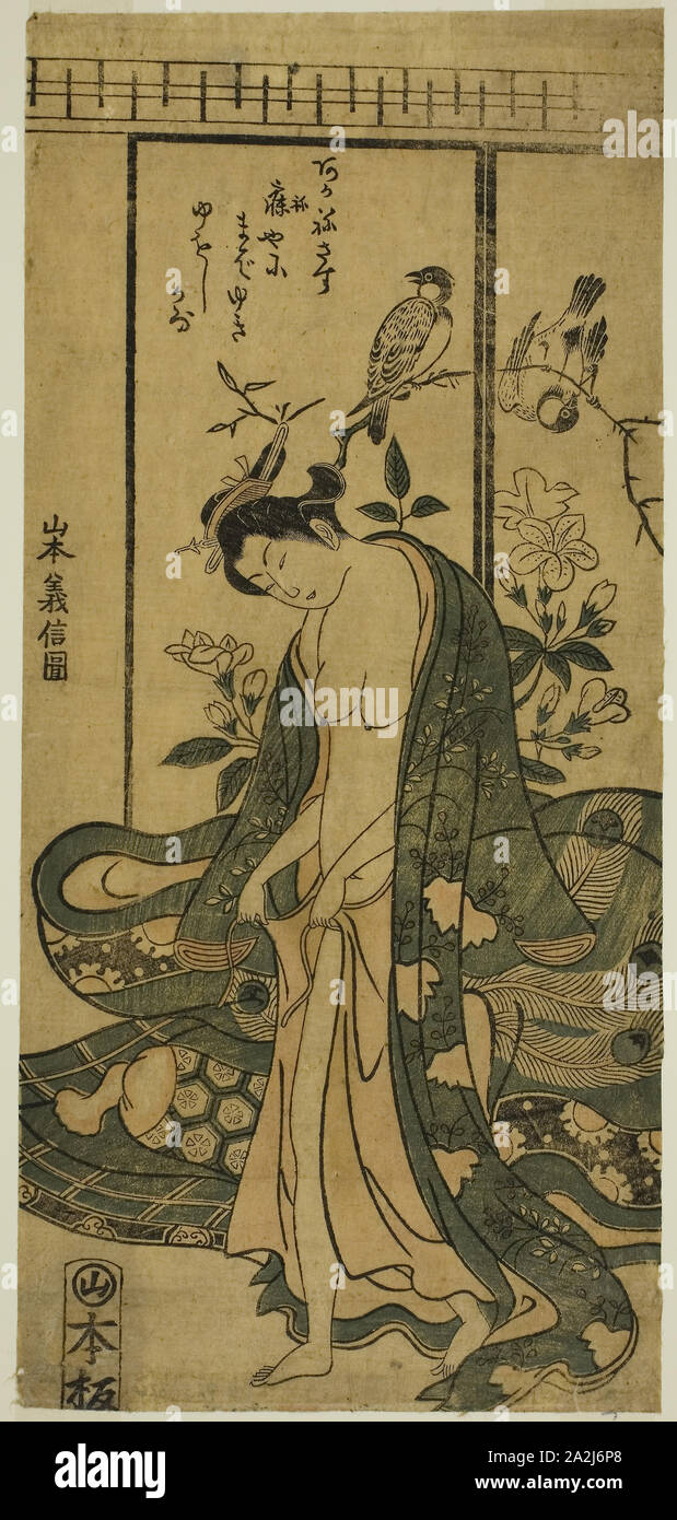 Jeune femme s'habiller, c. 1745/58, Yoshinobu Yamamoto, Japonais, active c. 1745-58, le Japon, la couleur, estampe hosoban, benizuri-e, 31.1 x 14.2 cm (12 1/4 x 5 9/16 in Banque D'Images