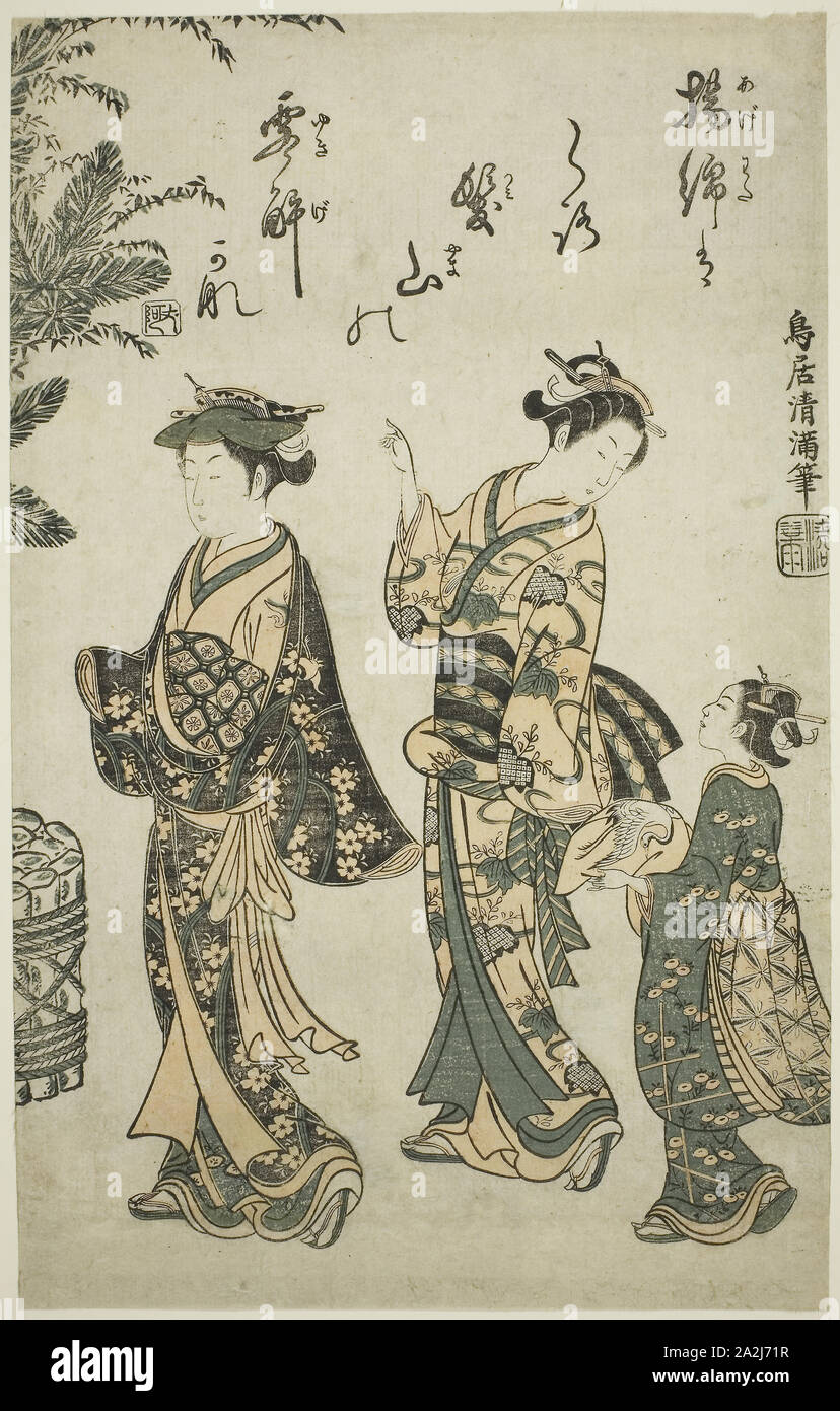Prendre une marche sur le jour de l'An, ch. Torii Kiyomitsu, 1755 I, Japonais, 1735-1785, le Japon, la couleur d'impression sur bois, Oban, benizuri-e, 39.1 x 24.8 cm (15 3/8 x 9 3/4 in Banque D'Images