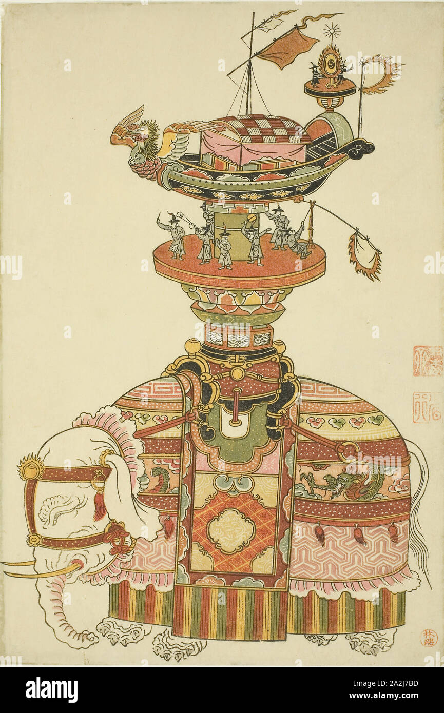 Avec l'éléphant mécanique et Barge Festival musiciens coréens, ch. 1765, attribué à Komatsuya Hyakki, japonais, 1720-1793 ( ?), le Japon, la couleur, estampe chuban, 28,2 x 19,0 cm (11 1/8 x 7 1/2 po Banque D'Images