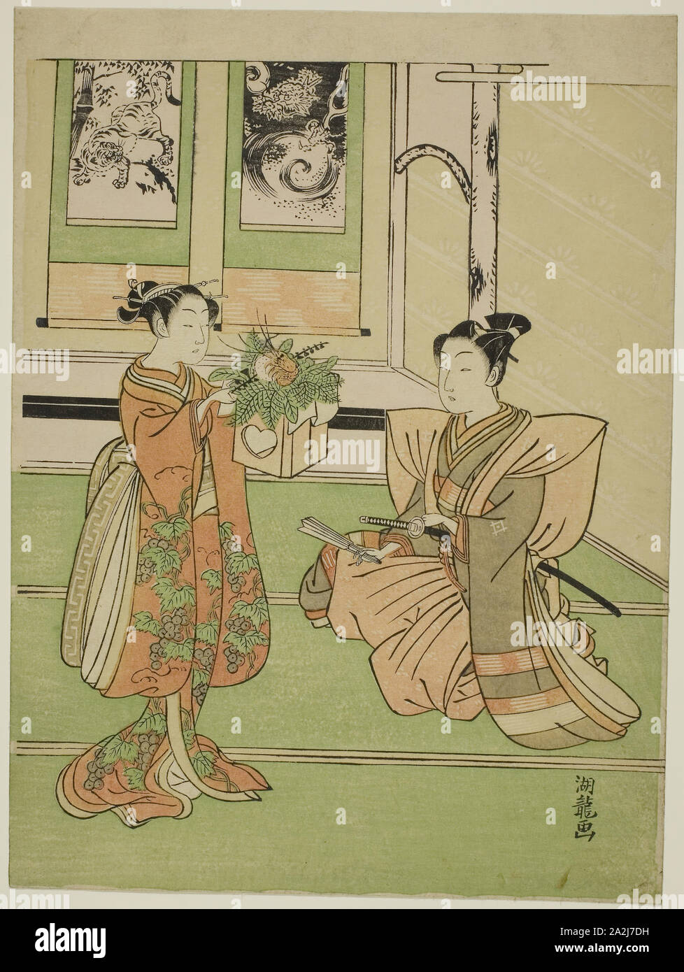 L'offre de la nouvelle année, ch. 1769, Isoda Koryusai, Japonais, 1735-1790, le Japon, la couleur, estampe chuban, 10 3/8 x 7 3/4 in Banque D'Images