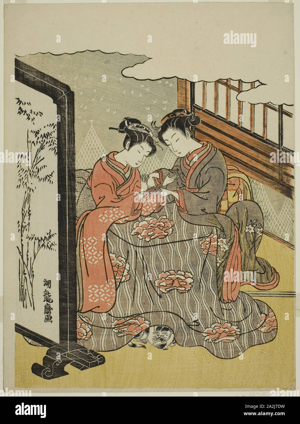 Deux jeunes femmes jouant Cat's Cradle, ch. 1769, Isoda Koryusai, Japonais, 1735-1790, le Japon, la couleur, estampe chuban, 10 1/4 x 7 3/4 in Banque D'Images