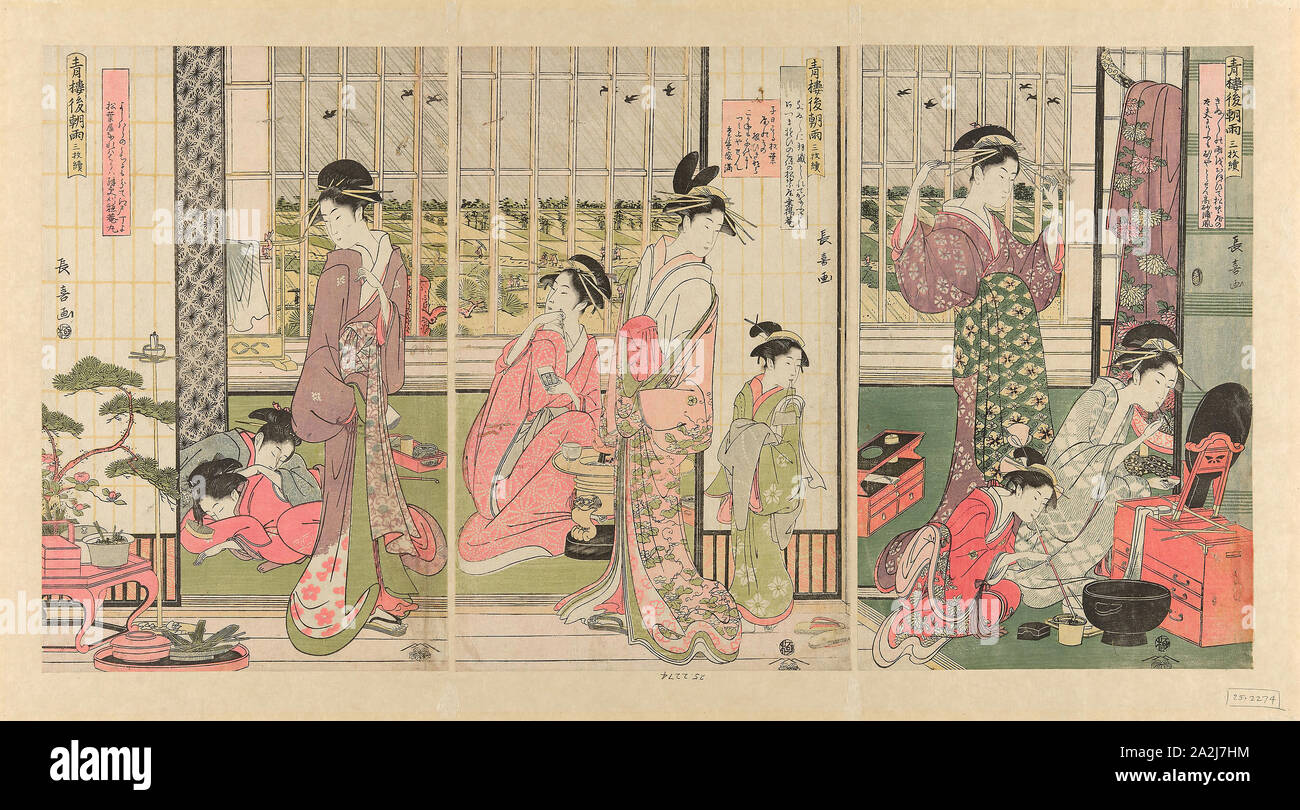 Le matin après la pluie dans le plaisir du quart (Seiro kinuginu pas tea), ch. 1795 Eishosai, choki, Japonais, active c. Années 1790-début des années 1800, le Japon, la couleur estampes oban, triptyque, 37,0 x 23,7 cm (feuille de droite), 37,2 x 23,5 cm (feuille), centre de 37,0 x 24,0 cm (feuille de gauche Banque D'Images
