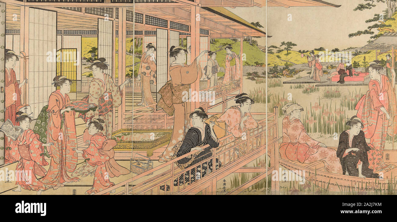 Jardin d'Iris, ch. 1781/89, Katsukawa Shuncho, Japonais, active c. 1780-1801, le Japon, la couleur d'impression sur bois, Oban triptyque, 37,1 x 24,2 cm (feuille de droite), 37,2 x 24,8 cm (feuille), centre de 37,3 x 25,2 cm (feuille de gauche Banque D'Images