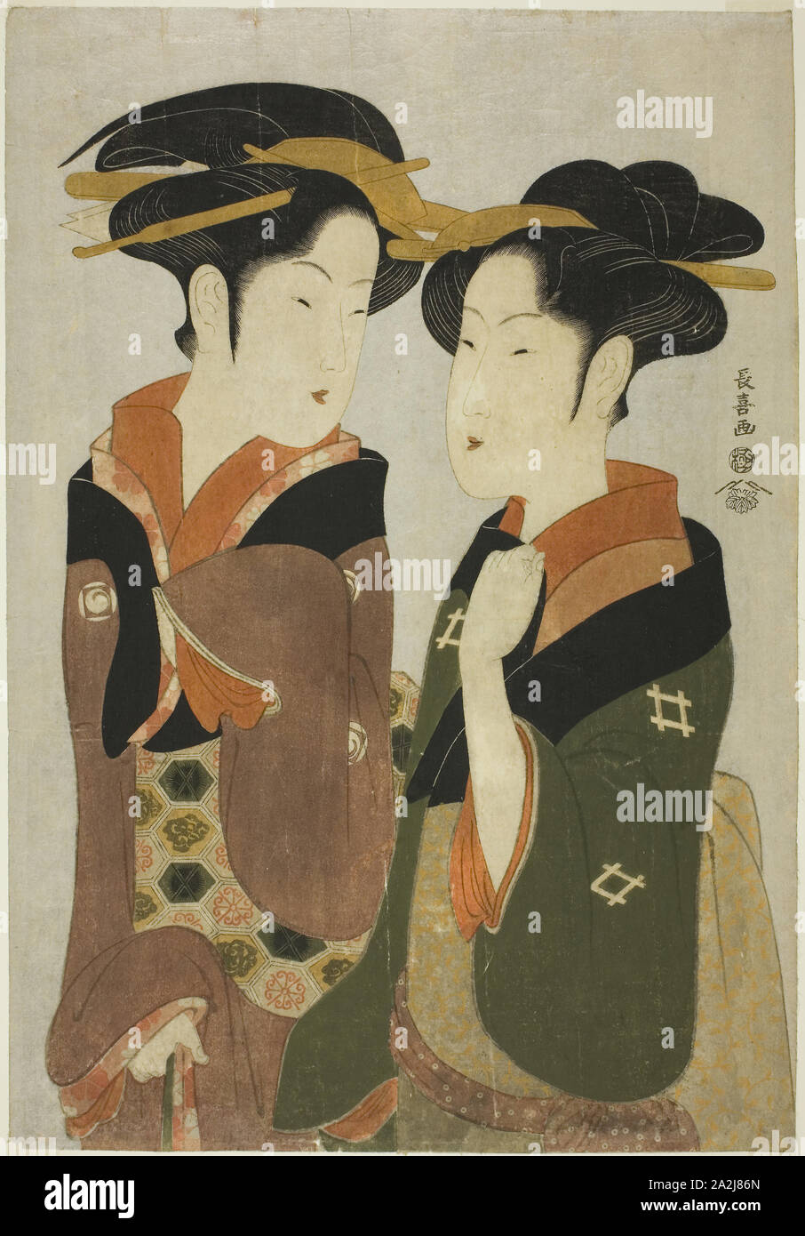 Kan, une serveuse de la Izutsuya, et la geisha Fuseya du Ogiya, ch. 1794 Eishosai, choki, Japonais, active c. Années 1790-début des années 1800, le Japon, la couleur d'impression sur bois, Oban, 38,7 x 26,9 cm (15 1/4 x 10 9/16 in Banque D'Images