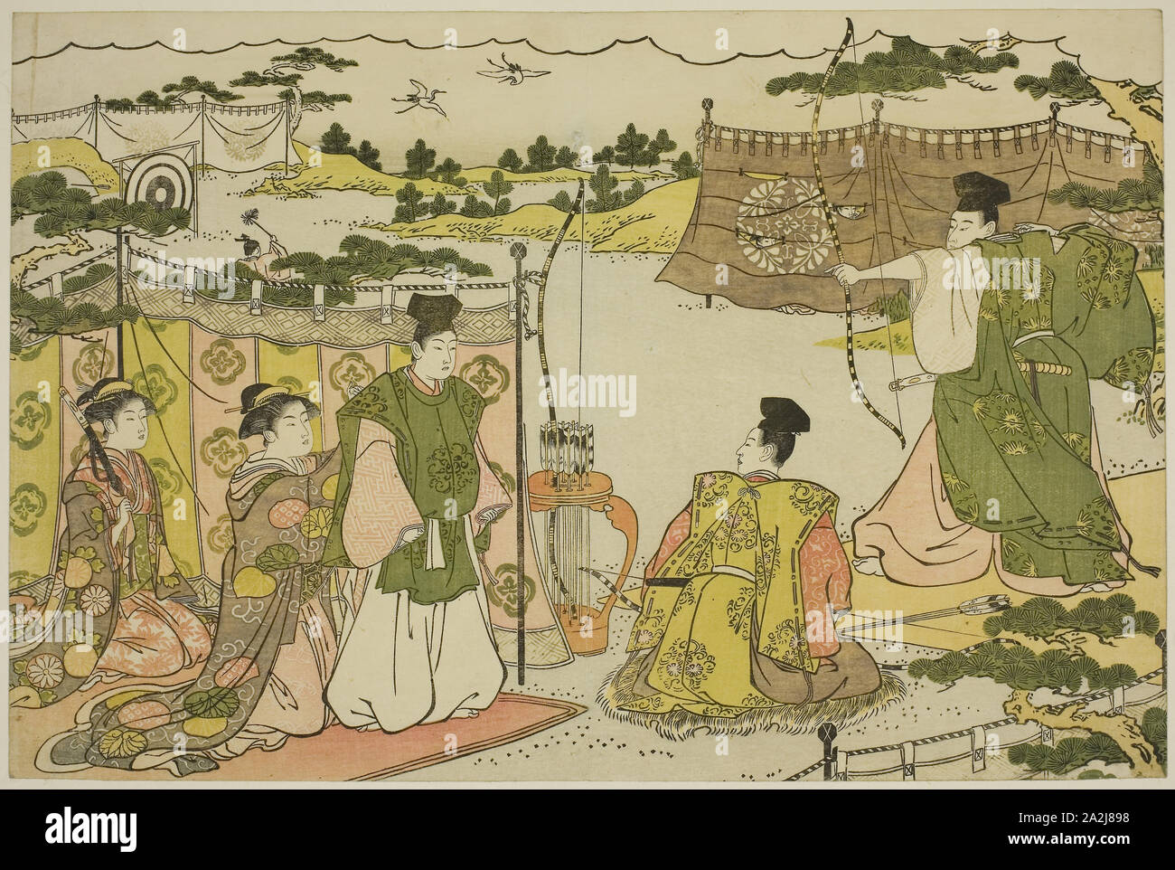 Le premier tir à l'exercice de la nouvelle année (Yumi hajime), le livre illustré de couleurs de l'aube (Saishiki Triple mitsu no asa), ch. 1787, Torii Kiyonaga, Japonais, 1752-1815, le Japon, la couleur d'impression sur bois, Oban, page d'un livre illustré, 25,2 x 38,0 cm Banque D'Images