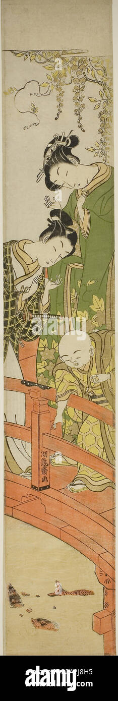 L'alimentation de la carpe à Kameido, ch. 1771, Isoda Koryusai, Japonais, 1735-1790, le Japon, la couleur d'impression sur bois, hashira-e Banque D'Images