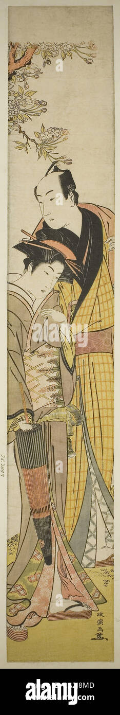 Jeune couple en vertu de l'arbre de la cerise, ch. 1781/89, Masanobu Kitao (Santo Kyoden), japonais, 1761-1816, le Japon, l'estampe Couleur, hashira-e Banque D'Images
