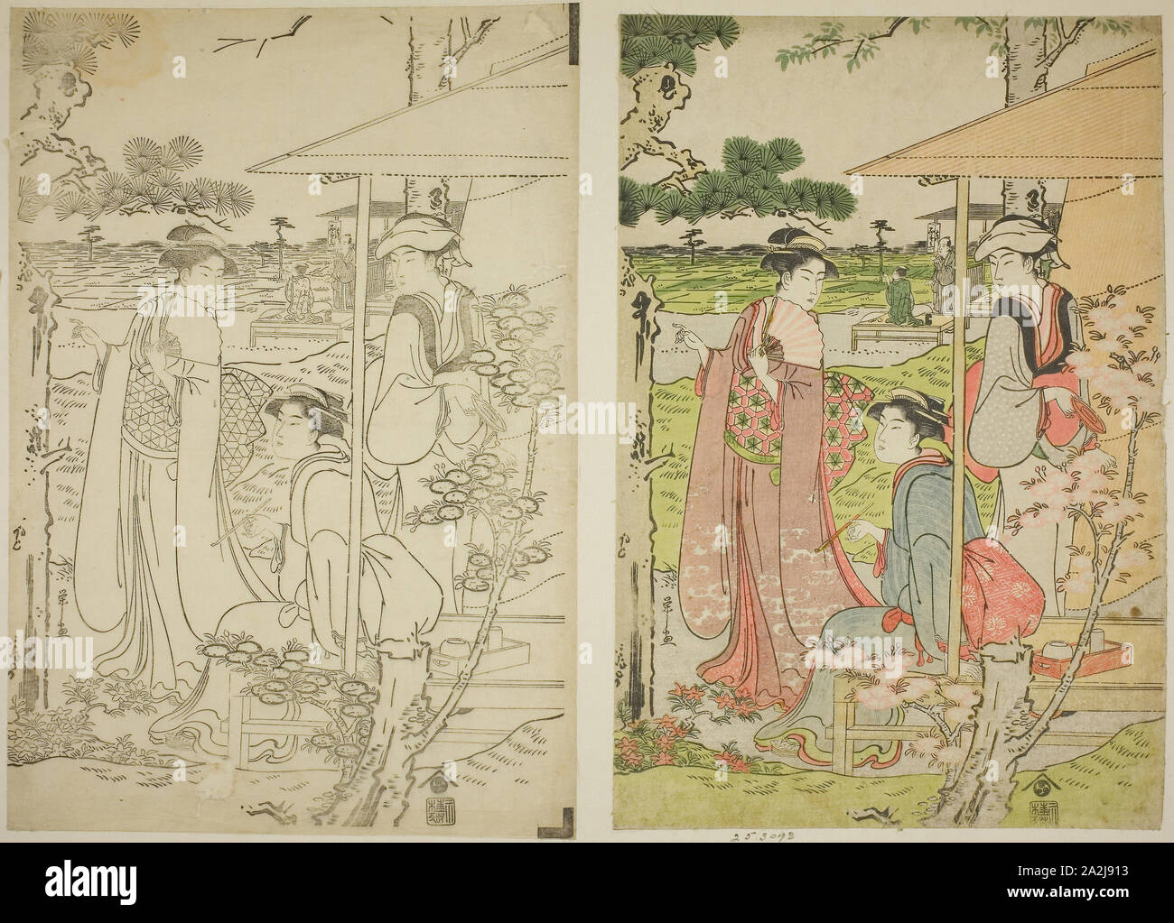 Affichage des cerisiers en fleurs à partir d'un Thé sur la colline d'Asuka, ch. 1789/90, Chobunsai Eishi, Japonais, 1756-1829, le Japon, estampes, 2 feuilles de droite triptyque oban, keyblock et impressions de couleurs, 50,8 x 71 cm (20 x 27 15/16 dans Banque D'Images